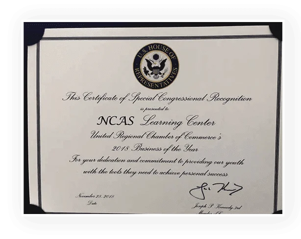 A certificate of congressional recognition for ncas learning centers.